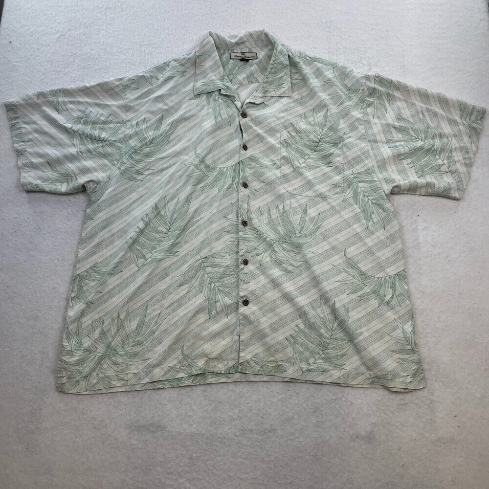 Tommy Bahama Cream Leaf Silk Green Button Down Casual Short Sleeve Shirt Sz XXL